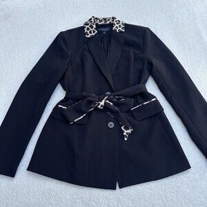 Laundry Shelli Segal Black Leopard Print Collar Belted Blazer Jacket 2